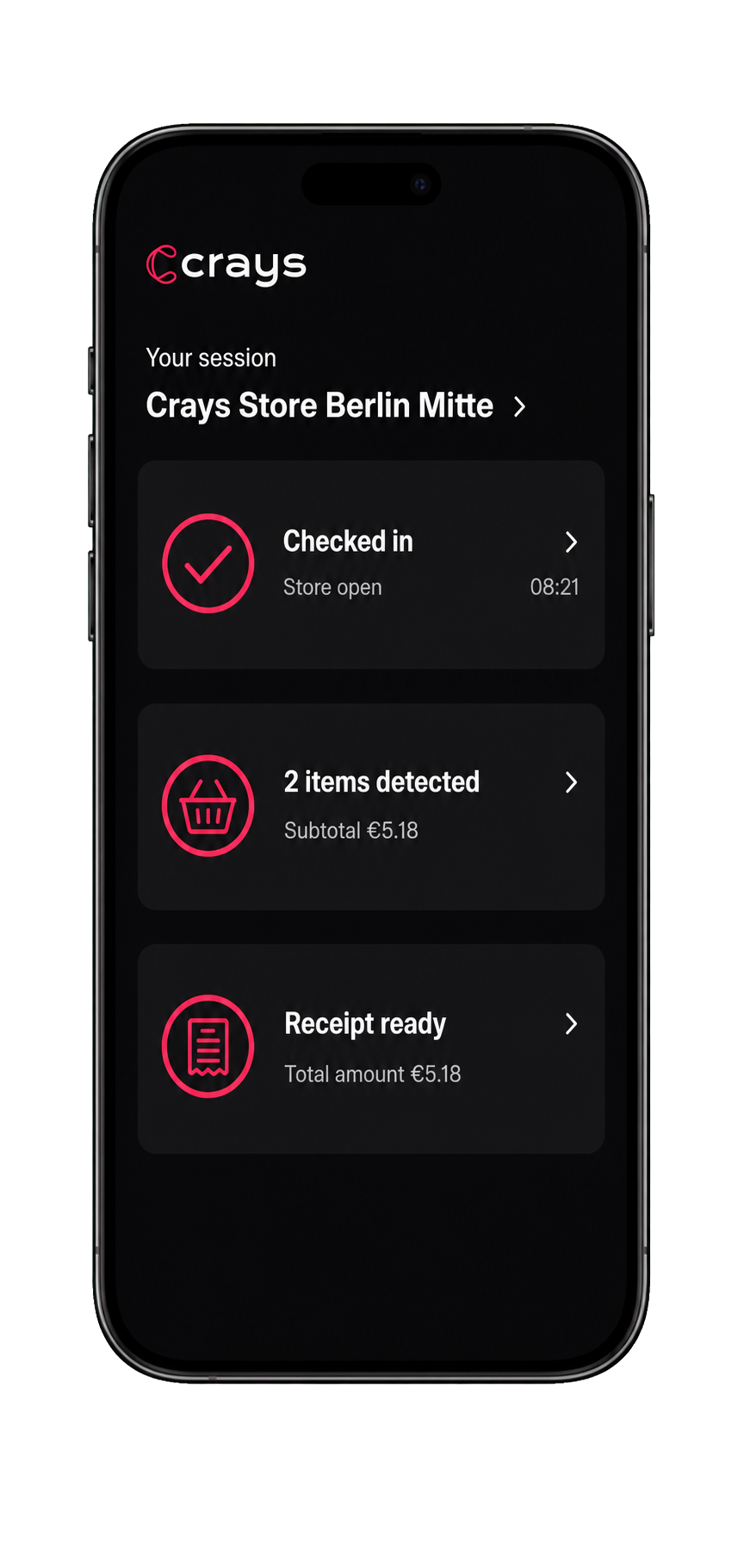 Crays App showing a checked-in visit, detected items and a ready receipt