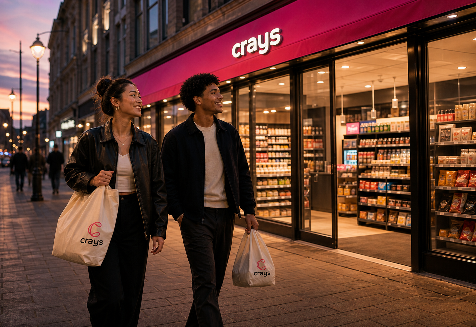 Two customers walking past a Crays Store at dusk