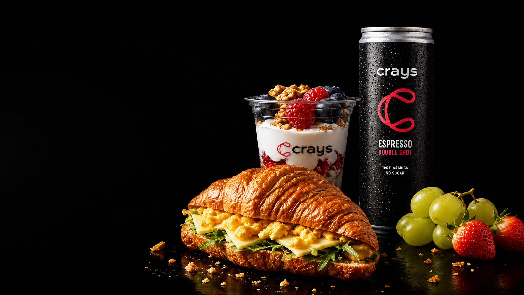 Crays breakfast bundle with croissant sandwich, yogurt, espresso drink and fruit