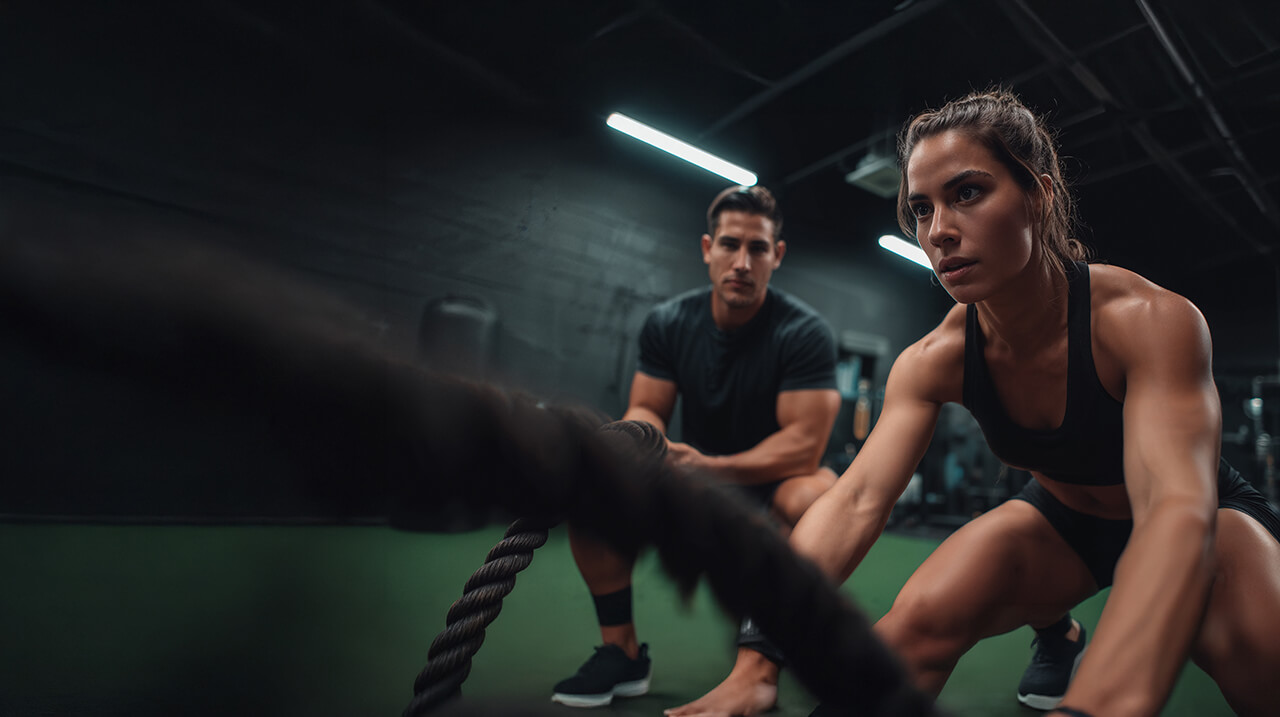 Athletes training with battle ropes in a dark gym