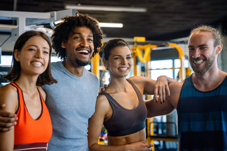 Happy fit people working out in a gym