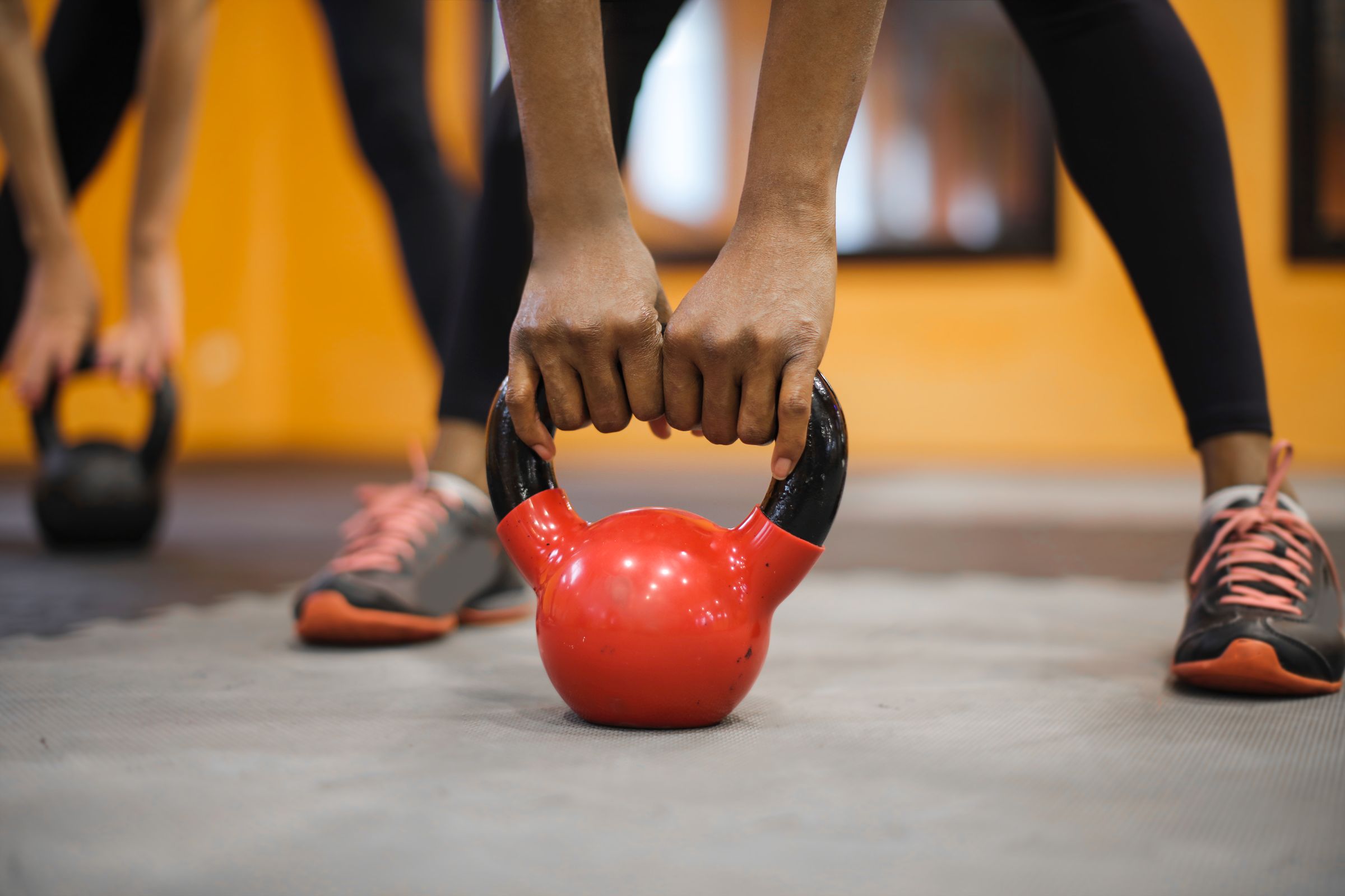 Close-up of a kettlebell training setup